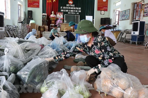 Các tình nguyện viên chia thực phẩm chuẩn bị cho người dân tại xã Mão Điền, huyện Thuận Thành, tỉnh Bắc Ninh. (Ảnh: Thanh Thương/TTXVN)