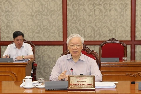 Tổng Bí thư Nguyễn Phú Trọng phát biểu kết luận cuộc họp của Bộ Chính trị. (Ảnh: Trí Dũng/TTXVN)