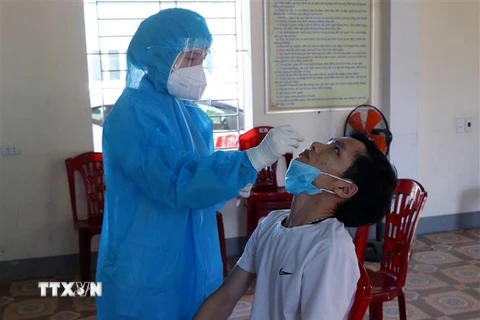 Lực lượng y tế lấy mẫu xét nghiệm ở Tổ dân phố Tuy Hòa, phường Thạch Linh, thành phố Hà Tĩnh. (Ảnh: Công Tường/TTXVN)