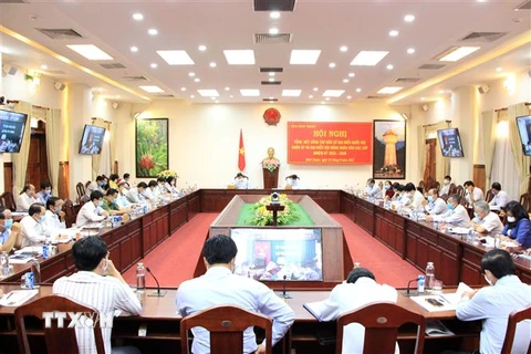 Ủy ban Bầu cử tỉnh Bình Thuận tổ chức Hội nghị trực tuyến tổng kết công tác bầu cử đại biểu Quốc hội khóa XV và đại biểu HĐND các cấp nhiệm kỳ 2021-2026. (Ảnh: Hồng Hiếu/TTXVN) 