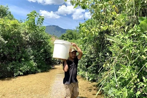 Người dân xã Hương Hữu, huyện Nam Đông phải đi lấy nước từ các nguồn nước không đảm bảo để sử dụng. (Ảnh: Mai Trang/TTXVN)