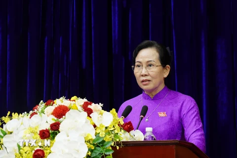 Bà Lê Thị Thủy, Bí thư Tỉnh ủy, Chủ tịch HĐND tỉnh Hà Nam phát biểu tại kỳ họp. (Ảnh: Thanh Tuấn/TTXVN)