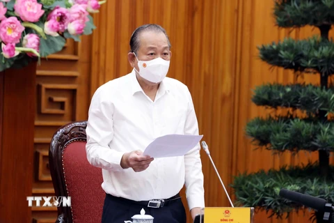 Phó Thủ tướng Thường trực Trương Hòa Bình, Chủ tịch Hội đồng Tư vấn đặc xá năm 2021 phát biểu. (Ảnh: Phạm Kiên/TTXVN)