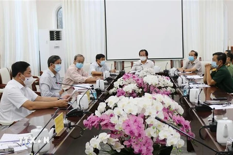 Quang cảnh cuộc họp Ban Chỉ đạo phòng, chống dịch COVID-19 tỉnh Ninh Thuận. (Ảnh: Nguyễn Thành/TTXVN)