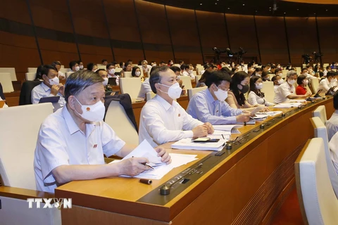 Đoàn đại biểu Quốc hội tỉnh Hưng Yên dự phiên họp chiều 21/7. (Ảnh: Doãn Tấn/TTXVN)