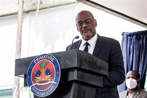 Thủ tướng Haiti Ariel Henry phát biểu tại lễ nhậm chức ở Port-au-Prince, ngày 20/7/2021. (Ảnh: AFP/TTXVN)