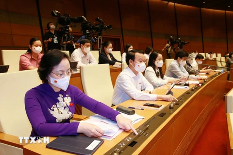 Đoàn đại biểu Quốc hội tỉnh Yên Bái biểu quyết. (Nguồn: TTXVN)