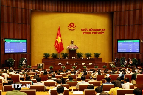Đại biểu Quốc hội biểu quyết thông qua Nghị quyết về cơ cấu số lượng thành viên Chính phủ. (Ảnh: Phạm Kiên/TTXVN)