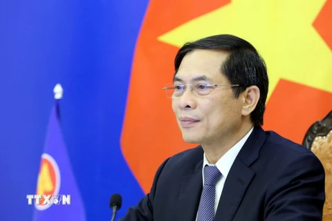 Bộ trưởng Bộ Ngoại giao Bùi Thanh Sơn tham dự Diễn đàn An ninh khu vực (ARF) lần thứ 28 theo hình thức trực tuyến. (Ảnh: Phạm Kiên/TTXVN)