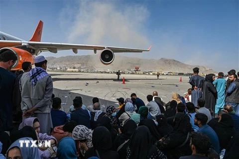 Đám đông người sơ tán chờ đợi được rời khỏi Afghanistan tại sân bay quốc tế ở Kabul ngày 16/8/2021 khi Taliban tuyên bố kiểm soát quốc gia Tây Nam Á. (Ảnh: AFP/TTXVN)