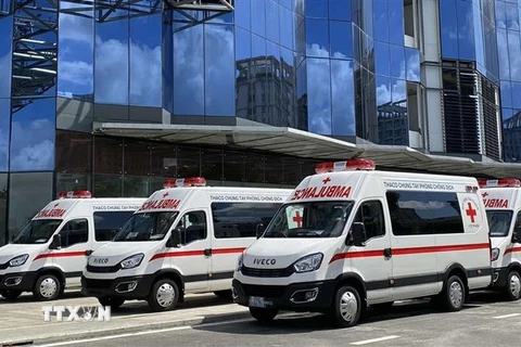 Xe cứu thương hiện đại được Công ty cổ phần ôtô Trường Hải trao tặng UBND Thành phố Hồ Chí Minh. (Ảnh: TTXVN phát)