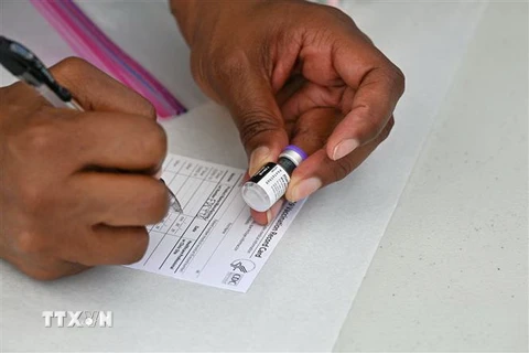 Nhân viên y tế điền thông tin vào giấy chứng nhận tiêm vaccine ngừa COVID-19 tại Los Angeles, California, Mỹ. (Ảnh: Getty Images/TTXVN)