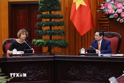 Thủ tướng Phạm Minh Chính tiếp Đại sứ Hà Lan tại Việt Nam Elsbeth Akkerman. (Ảnh: Dương Giang/TTXVN)