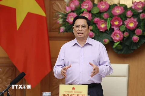 Thủ tướng Phạm Minh Chính kết luận hội nghị đẩy nhanh giải ngân vốn đầu tư công. (Ảnh: Dương Giang/TTXVN)