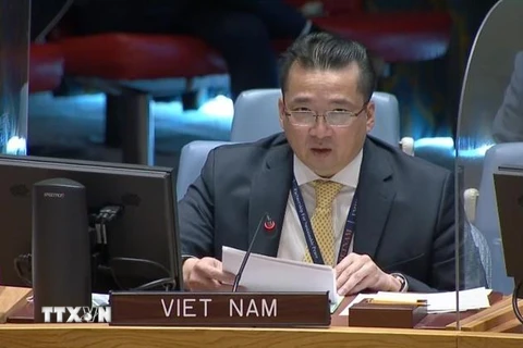 Đại sứ Phạm Hải Anh, Phó Trưởng Phái đoàn thường trực Việt Nam tại Liên hợp quốc phát biểu tại phiên họp. (Ảnh: TTXVN)