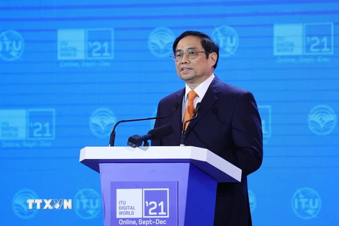 Thủ tướng Phạm Minh Chính phát biểu tại Triển lãm Thế giới số năm 2021. (Ảnh: Dương Giang/TTXVN)