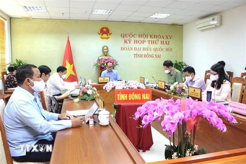 Các đại biểu Quốc hội tỉnh Đồng Nai tham gia phiên thảo luận ở tổ tại điểm cầu tỉnh Đồng Nai đối với từng dự án luật. (Ảnh: Nguyễn Văn Việt/TTXVN)