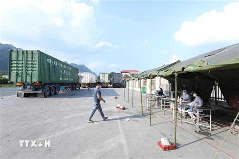 Lái xe đường dài khai báo y tế tại chốt kiểm soát liên ngành tại thôn Than Muội, thị trấn Đồng Mỏ, huyện Chi Lăng, tỉnh Lạng Sơn. (Ảnh: Anh Tuấn/TTXVN)