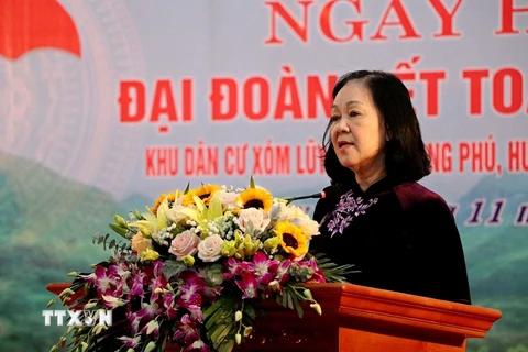 Trưởng Ban Tổ chức Trung ương Trương Thị Mai phát biểu tại Ngày hội Đại đoàn kết. (Ảnh: Thanh Hải/TTXVN)