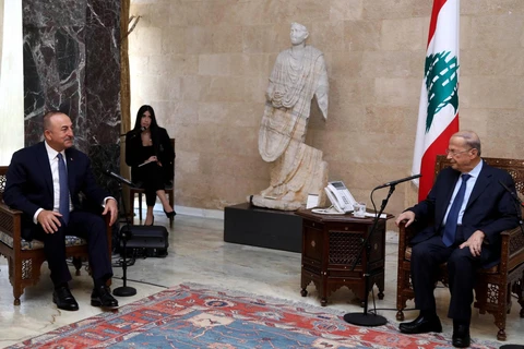 Tổng thống Liban Michael Aoun và Ngoại trưởng Thổ Nhĩ Kỳ Mevlut Cavusoglu. (Nguồn: AFP)
