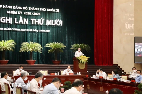 Quang cảnh Hội nghị lần thứ 10 Ban Chấp hành Đảng bộ Thành phố Hồ Chí Minh khóa XI, nhiệm kỳ 2020-2025. (Ảnh: Tiến Lực/TTXVN)