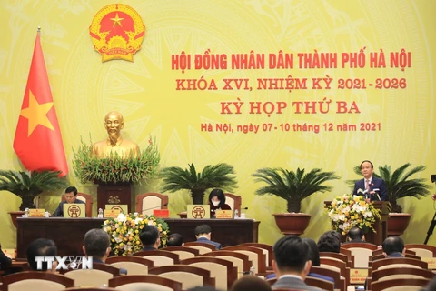 Quang cảnh phiên họp của Hội đồng Nhân dân thành phố Hà Nội. (Ảnh: Văn Điệp/TTXVN)
