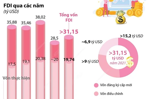 Tổng vốn FDI năm 2021 của Việt Nam đạt hơn 31,15 tỷ USD.