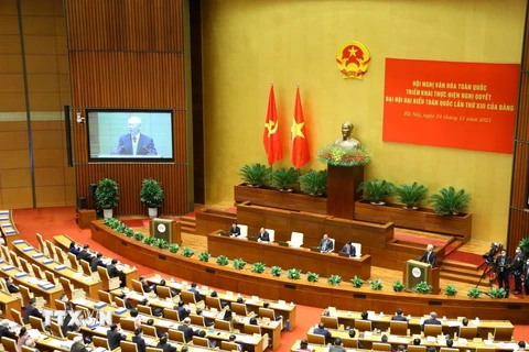 Tổng Bí thư Nguyễn Phú Trọng phát biểu chỉ đạo Hội nghị Văn hóa toàn quốc. (Ảnh: Văn Điệp/TTXVN)