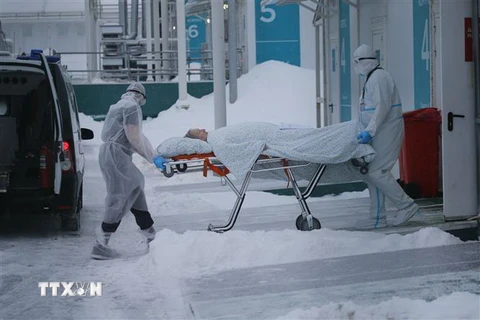 Nhân viên y tế chuyển bệnh nhân nhiễm COVID-19 tới bệnh viện ở Kommunarka, Nga, ngày 29/1/2022. (Ảnh: THX/TTXVN)