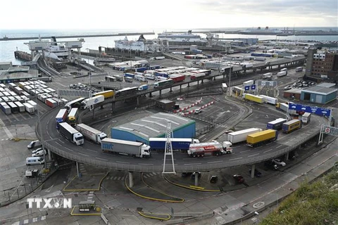 Xe tải chở hàng sau khi rời phà chờ làm thủ tục kiểm tra tại cảng Dover, miền Đông Nam Anh. (Ảnh: AFP/TTXVN)