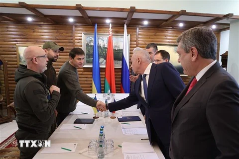 Toàn cảnh vòng đàm phán thứ hai giữa phái đoàn Nga và Ukraine tại vùng Belovezhskaya, Belarus ngày 3/3. (Ảnh: THX/TTXVN)