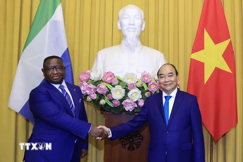 Chủ tịch nước Nguyễn Xuân Phúc và Tổng thống Cộng hòa Sierra Leone trước khi tiến hành hội đàm. (Ảnh: Thống Nhất/TTXVN)