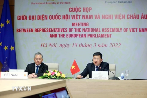 Chủ nhiệm Ủy ban Đối ngoại của Quốc hội Việt Nam Vũ Hải Hà (bên phải) phát biểu. (Ảnh: Phạm Kiên/TTXVN)