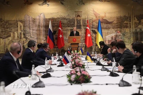 Tổng thống Thổ Nhĩ Kỳ Recep Tayyip Erdogan (giữa) trong cuộc gặp phái đoàn Nga (trái) và Ukraine (phải) tại thành phố Istanbul, ngày 29/3. (Ảnh: THX/TTXVN)