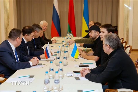 Phái đoàn Nga (trái) và Ukraine tại cuộc đàm phán ở vùng Gomel, Belarus ngày 28/2/2022. (Ảnh: AFP/TTXVN)