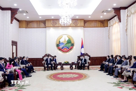 Thủ tướng Lào Phankham Viphavan tiếp thân mật Bộ trưởng Nguyễn Hồng Diên cùng đoàn công tác. (Ảnh: Phạm Kiên/TTXVN)
