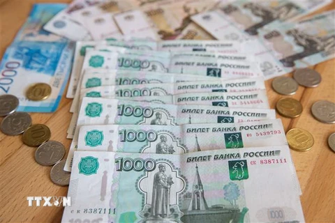 Đồng tiền giấy và tiền xu ruble của Nga. (Ảnh: THX/TTXVN)