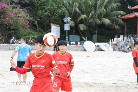 Các cầu thủ Đội tuyển bóng đá nữ quốc gia Việt Nam tập luyện hăng say. (Ảnh TTXVN phát)
