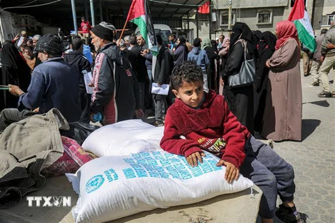Người dân Palestine nhận hàng cứu trợ tại Dải Gaza. (Ảnh: AFP/TTXVN)