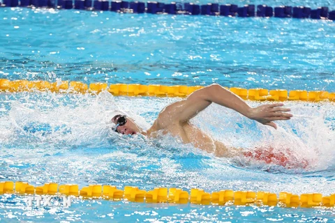 Vận động viên Nguyễn Huy Hoàng (Việt Nam) thi đấu nội dung nội dung bơi 800m tự do nam và giành huy chương Vàng với thành tích 7 phút 57 giây 65. (Ảnh: Phạm Kiên/TTXVN)