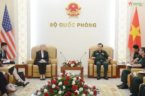 Thượng tướng Hoàng Xuân Chiến trao đổi với bà Wendy Sherman. (Nguồn: Qdnd.vn)