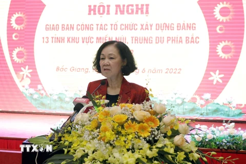 Bà Trương Thị Mai, Ủy viên Bộ Chính trị, Bí thư Trung ương Đảng, Trưởng Ban Tổ chức Trung ương phát biểu tại hội nghị. (Ảnh: Đồng Thúy/TTXVN)