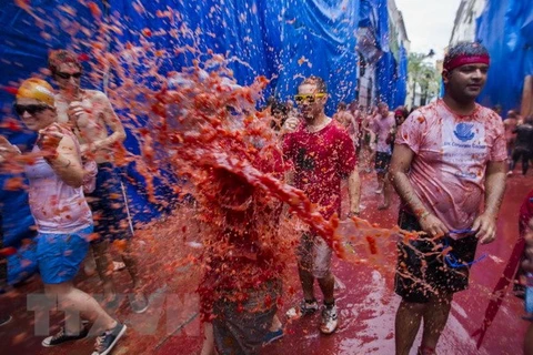 Người dân và du khách vui chơi trong lễ hội ném cà chua ở Bunol. (Nguồn: AFP/TTXVN)