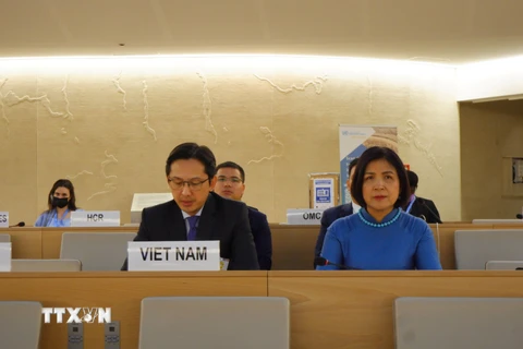 Đoàn Việt Nam tham dự Phiên thảo luận về tác động của biến đổi khí hậu tại Khóa họp lần thứ 50 Hội đồng Nhân quyền LHQ. (Ảnh: Tố Uyên/TTXVN)