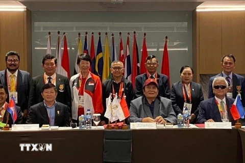 Đại diện 11 nước tham dự cuộc họp Hội đồng thành viên Liên đoàn thể thao người khuyết tật Đông Nam Á (APSF) lần thứ 27. (Ảnh: Hữu Chiến-Văn Phong/TTXVN)