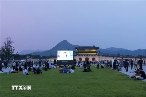 Thảm cỏ xanh ở quảng trường Gwanghwamun được thiết kế rộng hơn để phục vụ nhu cầu thư giãn, nghỉ ngơi của khách tham quan. (Ảnh: Anh Nguyên/TTXVN)