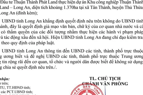 UBND tỉnh Long An khẳng định quyết định số 2536/QĐ-UBND không do Ủy ban Nhân dân tỉnh ban hành. 