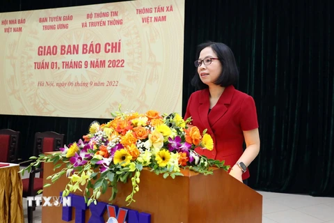 Bà Vũ Việt Trang, Bí thư Đảng ủy, Tổng Giám đốc Thông tấn xã Việt Nam phát biểu. (Ảnh: Phạm Kiên/TTXVN)