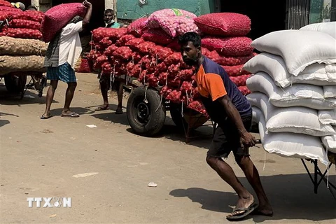 Vận chuyển hàng hóa tại một chợ ở Colombo, Sri Lanka. (Ảnh: AFP/TTXVN)