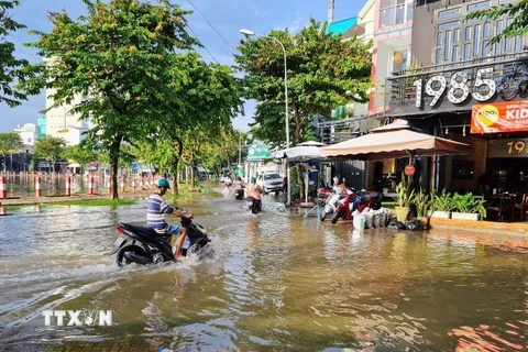 Tuyến đường ven hồ Xáng Thổi, quận Ninh Kiều, bị ngập do triều cường dâng cao sáng 13/9. (Ảnh: Thanh Liêm/TTXVN)